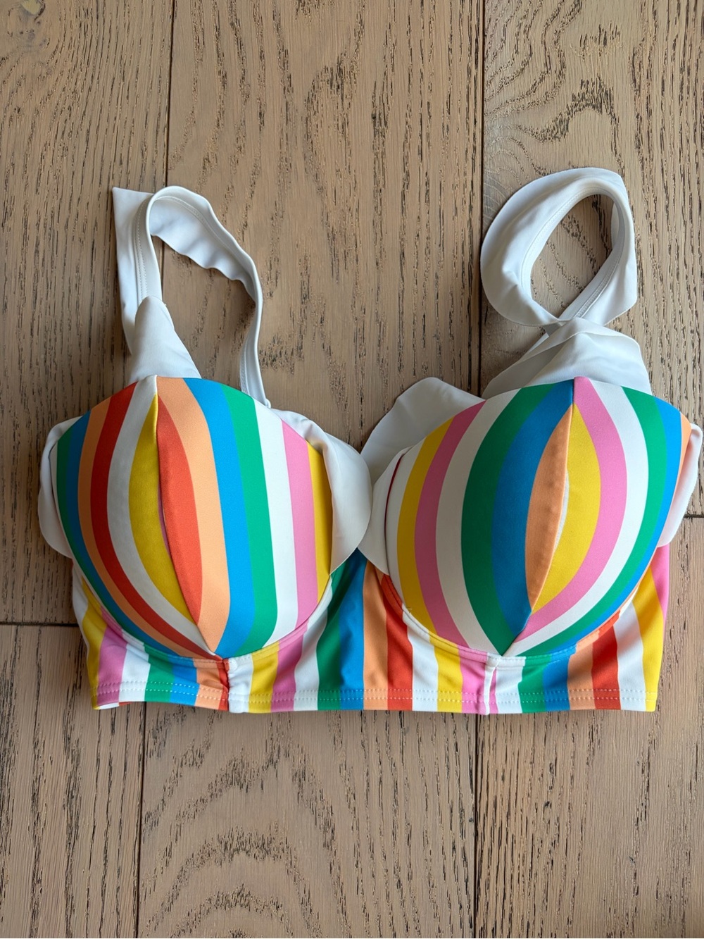 Women’s Rainbow Stripe Bikini Top with White Halter Straps and Bikini bottom